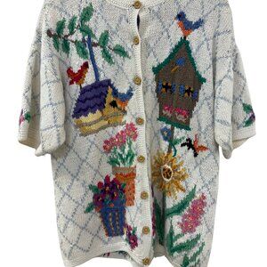 Signatures Northern Isles Vintage HandKnit Cardigan Sweater Birds Flower Cottage